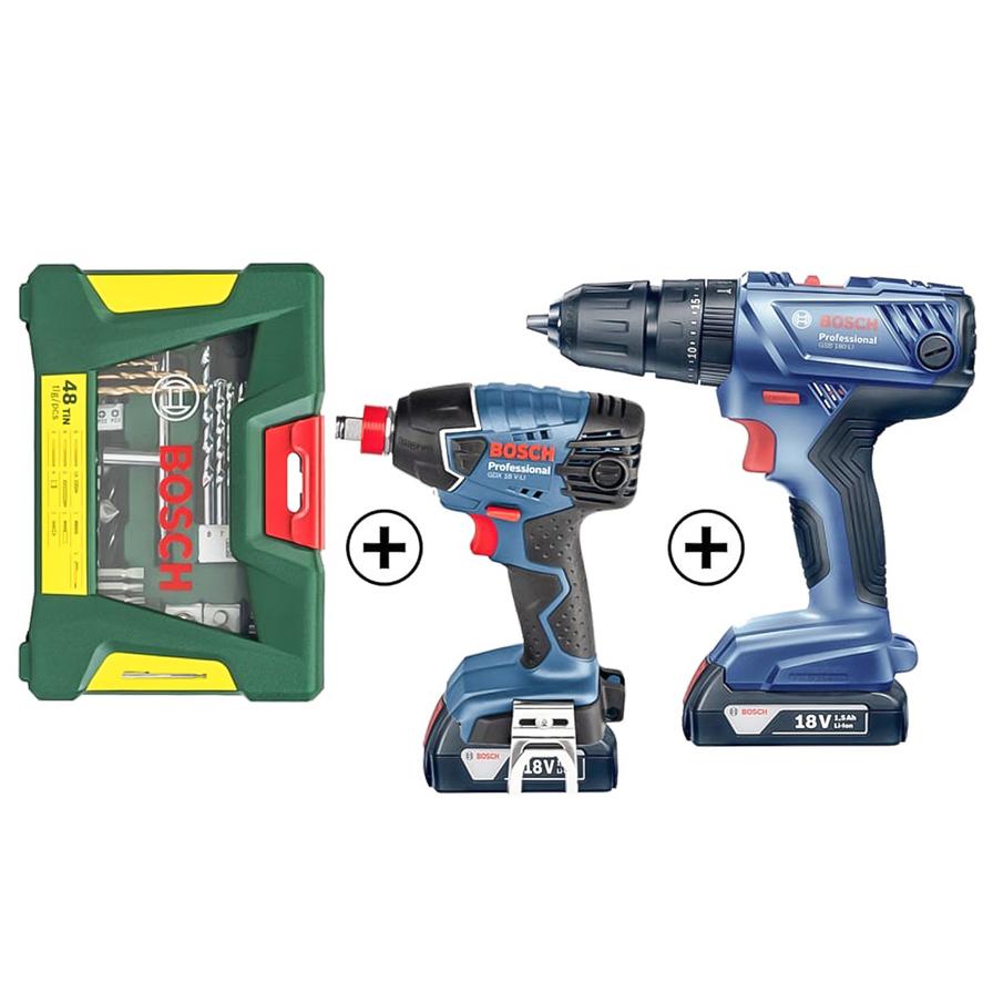 Bosch GSB 180-LI Professional 18 V Cordless Impact Drill + GDX 14.4 V-LI Professional 18 V Cordless Impact Driver/Wrench + Bit Set, 48 Pc.