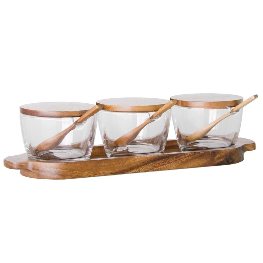 Billi Glass Condiment Jar W/ Wooden Tray, Lid & Spoon Set