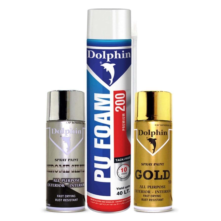 Dolphin Polyurethane Foam Sealant (750 ml) + Dolphin Spray Paint (Gold) + Dolphin Spray Paint (Silver)