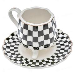 Homeworks Checkered Cup & Saucer Set (90 ml, Set of 12, Black & White)