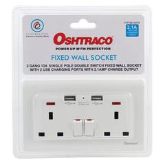 Oshtraco 2-Gang Wall Socket W/USB Port (13 Amp)