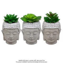 Atmosphera Buddha Head Concrete Pot with Plant (9 x 12.5 cm, Gray, Assorted Designs)