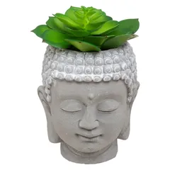 Atmosphera Buddha Head Concrete Pot with Plant (9 x 12.5 cm, Gray, Assorted Designs)