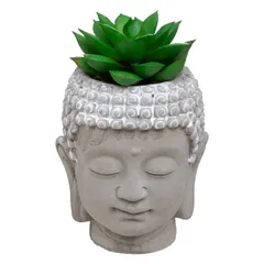 Atmosphera Buddha Head Concrete Pot with Plant (9 x 12.5 cm, Gray, Assorted Designs)