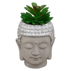 Atmosphera Buddha Head Concrete Pot with Plant (9 x 12.5 cm, Gray, Assorted Designs)