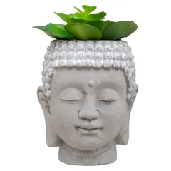 Atmosphera Buddha Head Concrete Pot with Plant (9 x 12.5 cm, Gray, Assorted Designs)