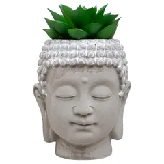 Atmosphera Buddha Head Concrete Pot with Plant (9 x 12.5 cm, Gray, Assorted Designs)