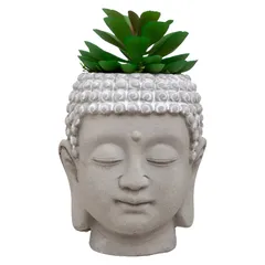 Atmosphera Buddha Head Concrete Pot with Plant (9 x 12.5 cm, Gray, Assorted Designs)