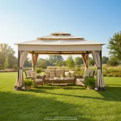 مظلة حديقة فولاذ مع ناموسية وستائر تولوز (4 × 4 × 2.7 متر)