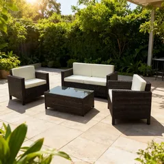 طقم كنب 4 مقاعد راتان بولي ايثيلين وفولاذ مع وسائد أنتويرب