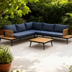 طقم كنب زاوية 5 مقاعد خشب أكاسيا وفولاذ ميا