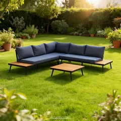 طقم كنب زاوية 5 مقاعد خشب أكاسيا وفولاذ ميا