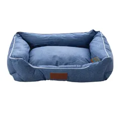 كنبة سرير حيوانات أليفة قماش تنجيد مربع إيس (أزرق، 65 × 55 × 20 سم)