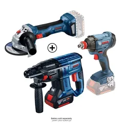 Bosch Cordless Rotary Hammer W/Batt & Charger, GBH 180-LI (18 V) + Cordless Impact Driver/Wrench W/Batt & Charger, GDX 180-LI (18 V) + Cordless Angle Grinder, GWS 180-LI (18 V)