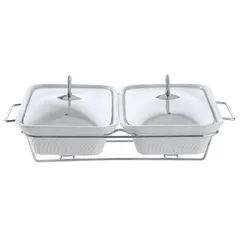 Orchid Ceramic Twin Rectangular Casserole W/Candle Stand (43 x 30 x 16.5 cm, White)