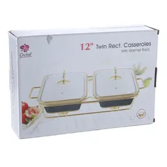 Orchid Ceramic Twin Rectangular Casserole W/Candle Stand (43 x 30 x 16.5 cm, White)