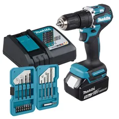 Makita Cordless Hammer Driver Drill W/Battery & Charger, DHP487RF1J (18 V) + Bit Set (17 Pc.)