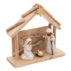 Atmosphera Bois/Polyresine Modern Nativity House Festive Decor (20 cm, Brown, Grey, Gold)