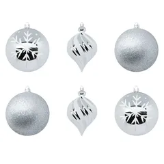 Atmosphera Plastic Christmas Baubles (10 cm, Silver & White, 6 Pc.)