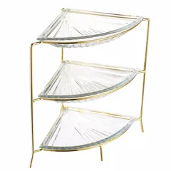 Glass Serving Tray Set W/Gold Iron Stand (3 Pc.)