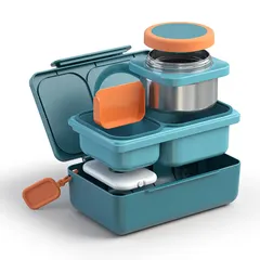 OmieLife Bento Box W/Insulated Thermos & Ice Pack (350 ml, Teal Green)