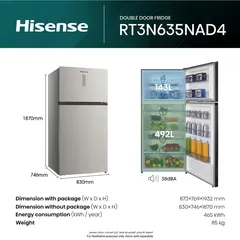 Hisense Freestanding Two Door Top Mount Refrigerator, RT3N635NAD4 (635 L, Silver)