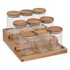 5Five Harmony Glass/Acacia Spice Rack Set (L. 23 x D. 24 x H. 15 cm, 9 Pc.)