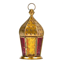 Hilalful Brass Antique Lantern (9.5 x 9.5 x 21 cm, Red&Yellow Glass)