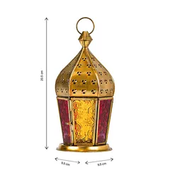 Hilalful Brass Antique Lantern (9.5 x 9.5 x 21 cm, Red&Yellow Glass)