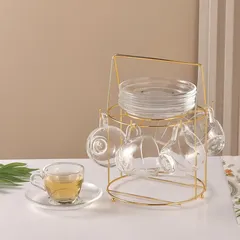 Orchid Glass Cup & Saucer Set with Stand (100 ml, 12 Pc.)