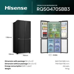 Hisense Freestanding Cross Door American Freezer Fridge, RQ5G470SBB3 (457 L)