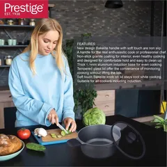 طنجرة كسرولة ألومنيوم صب بغطاء زجاج برستيج إسينشال (أسود، 28 سم)