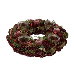 Atmosphera Red Apple Wreath with 4 Glass Candle Holders (1 Pc, 35 x 7 cm)