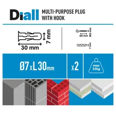 Diall Uno Polypropylene & Steel C Hook W/Wall Plug Pack (Brown, Dia. 0.7 x L. 3 cm, 2 Pc.)