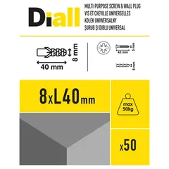 Diall Nylon & Steel Multi-purpose Screw & Wall Plug Pack (Dia. 0.8 x L. 4 cm, 50 Pc.)
