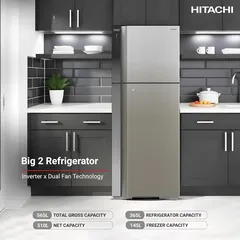 ثلاجة هيتاشي بفريزر علوي مع مروحة تبريد مزدوجة RV655PUK0K4PSV (650 لتر، فضي)