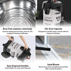 Hitachi 3-in-One Sand Blower Wet & Dry Drum Vacuum, CV975PWBKGAE (25 L, 1600 W)