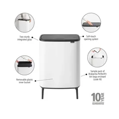 Brabantia Stainless Steel Bo Touch Bin Hi (31.2 x 54.5 x 81.5 cm, 60 L, White)