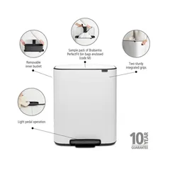 Brabantia Stainless Steel Bo Pedal Bin (36.3 x 54.1 x 65.2 cm, 60 L, White)