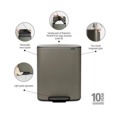 Brabantia Stainless Steel Bo Pedal Bin (36.3 x 54.1 x 65.2 cm, 60 L, Platinum)