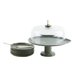 Otantik Liqaa Serving Plates W/Stand, Acrylic Cover & Knife (Olive & Gold, 6 Pc.)