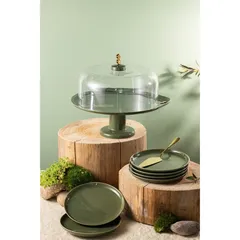 Otantik Liqaa Serving Plates W/Stand, Acrylic Cover & Knife (Olive & Gold, 6 Pc.)