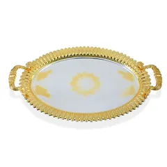 Home Maker Stainless Steel Oval Serving Tray Set, C-T1214 (Large & Mideum, Silver & Gold, 2 Pc.)