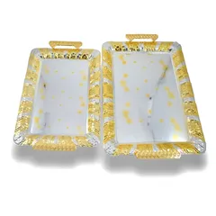 Home Maker Rectangular Serving Tray Set, C-T1718 (Large & Mideum, Silver & Gold, 2 Pc.)