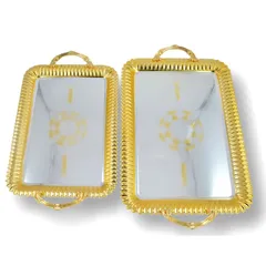 Home Maker Rectangular Serving Tray Set, C-T1213 (Large & Mideum, Silver & Gold, 2 Pc.)
