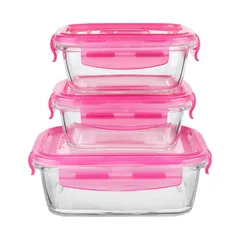 Luminarc Rectangular 3-Glass Food Containers W/Pink Carry Bag