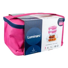 Luminarc Rectangular 3-Glass Food Containers W/Pink Carry Bag