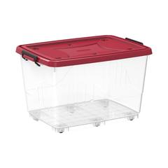 Cosmoplast Clear Plastic Stackable Storage Box W/Wheels & Lockable Lid (82 L, Dark Red)