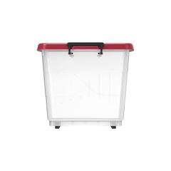 Cosmoplast Clear Plastic Stackable Storage Box W/Wheels & Lockable Lid (82 L, Dark Red)