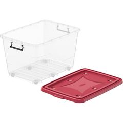 Cosmoplast Clear Plastic Stackable Storage Box W/Wheels & Lockable Lid (82 L, Dark Red)